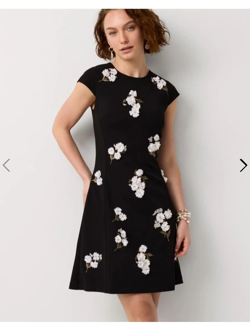 White House Black Market Black A-Line Dress with White Floral Embroidery